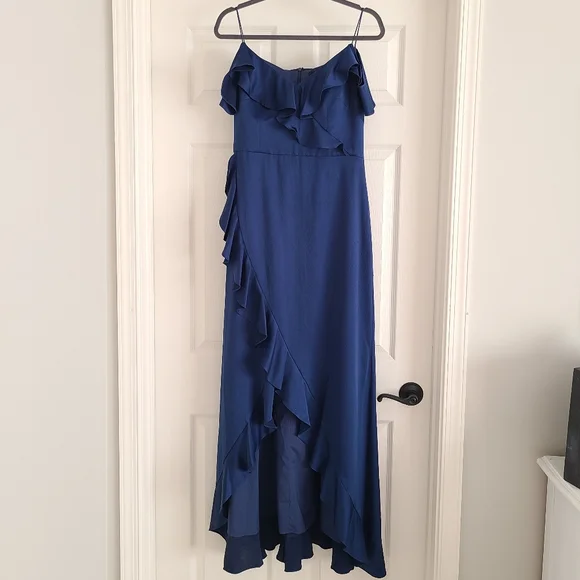 Aidan Mattox Satin Ruffle High Low Cold Shoulder Maxi Long Dress Navy Blue 8 - Picture 5 of 8